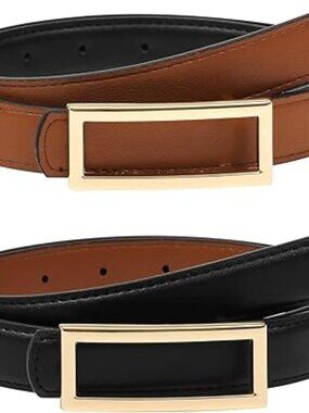 Women Black/Brown Reversible Leather Skinny Belt with Golden Buckle for Jean